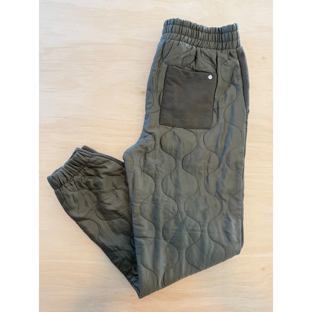 AllSaints Women Olive Green Quilted Mixed Media Joggers Pants Small NWOT